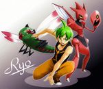  ahoge bad_id bad_pixiv_id elite_four gen_2_pokemon gen_4_pokemon green_eyes green_hair hirococo pokemon pokemon_(creature) ryou_(pokemon) scizor yanmega 