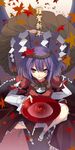  alcohol cup hair_ornament hanepochi leaf_hair_ornament moon onbashira purple_hair red_eyes rope sakazuki sake shide shimenawa solo touhou yasaka_kanako 