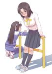  copyright_request glasses kasuga_shun long_hair multiple_girls ribbon school_uniform shoes short_hair skirt sneakers track_suit 