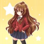  aisaka_taiga bad_id bad_pixiv_id brown_eyes brown_hair hands_on_hips long_hair lowres minatsuki_izumi oohashi_high_school_uniform school_uniform solo thighhighs toradora! 