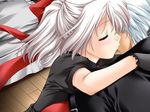  1girl closed_eyes game_cg gloves hug kiss nayuta_(triptych) nimura_yuuji riona_(triptych) short_hair triptych white_hair 