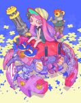  1girl aqua_eyes aqua_skirt baseball_cap black_shirt blue_background blue_footwear boots bulging_eyes colored_eyelashes colored_sclera commentary_request crab crab_tank_(splatoon) cross drooling fish gatling_gun greek_cross green_eyes harmony&#039;s_clownfish_(splatoon) harmony_(splatoon) hat long_eyelashes long_hair long_shirt looking_at_viewer low-tied_long_hair miniskirt mohawk mouth_drool multicolored_eyes nakayama_tooru no_eyebrows non-humanoid_robot open_mouth pink_eyes pink_hair pleated_skirt red_eyes robot robot_animal salmonid shirt sitting sitting_on_robot skirt sleeves_rolled_up smallfry_(splatoon) splatoon_(series) splatoon_3 striped_clothes striped_headwear tentacle_hair yellow_sclera 