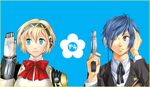  1girl aegis_(persona) blonde_hair blue_eyes blue_hair evoker gun headphones koremi2 one_eye_closed persona persona_3 ribbon short_hair weapon yuuki_makoto 