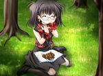  black_hair blush closed_eyes cross dress earrings fishnets game_cg glasses grass jewelry natsuki_(triptych) nimura_yuuji punk skirt solo thighhighs triptych 