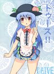  bad_id bad_pixiv_id blue_hair blush daive food fruit hat highres hinanawi_tenshi long_hair peach red_eyes solo touhou translation_request 