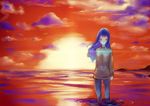  amazawa_kazumi blue_eyes blue_hair expressionless ima_soko_ni_iru_boku jewelry lala-ru long_hair looking_down ocean pantyhose pendant shining solo sunset wading 