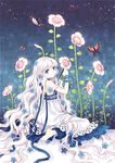  art_brush barefoot blue_eyes bug butterfly dress face feet flower hair_flower hair_ornament insect kneeling lace lace-trimmed_dress ladybug light_smile long_hair looking_at_viewer paintbrush pixiv pixiv-tan sitting sky sleeveless sleeveless_dress solo star_(sky) starry_sky tearfish very_long_hair wariza wavy_hair 