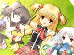  black_hair blonde_hair book brown_eyes dress game_cg glasses karen_(triptych) laughing long_hair multiple_girls natsuki_(triptych) necktie nimura_yuuji plaid plaid_skirt punk red_eyes ribbon riona_(triptych) silver_hair skirt sleeping triptych twintails 