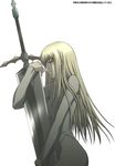  armor blonde_hair bodysuit claymore claymore_(sword) cover doujinshi galatea_(claymore) highres huge_weapon kitahara_aki long_hair silver_eyes solo sword weapon younger 