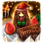  brown_hair cake candle christmas food fruit gift hat kotoba_noriaki long_hair original pastry santa_costume santa_hat solo strawberry 