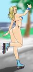  ass bikini blonde_hair blue_eyes day dead_or_alive hybrid_cat inline_skates legs micro_bikini one_eye_closed roller_skates side-tie_bikini skates swimsuit thong_bikini thumbs_up tina_armstrong 