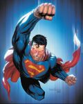  1boy black_hair blue_background blue_bodysuit bodysuit cape clark_kent clenched_hands dc_comics glowing glowing_eyes highres print_bodysuit red_cape red_eyes short_hair signature solo superhero_costume superman superman_(series) tyler_kirkham 