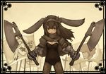  animal_ears axe bunny_ears bunnysuit cape dual_wielding fishnet_pantyhose fishnets gauntlets holding inuinu_(project_october) long_hair pantyhose pixiv_fantasia pixiv_fantasia_2 solo weapon 