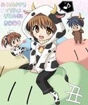  2009 2girls animal_costume animal_ears animal_print bell brown_eyes brown_hair chibi clannad cow_costume cow_ears cow_print cow_tail dango_daikazoku family furukawa_nagisa hood hoodie horns multiple_girls musical_note new_year okazaki_tomoya okazaki_ushio pun satou_kaede_(maple_woods) short_hair tail 