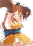  1girl armpits arms_up atelier_(series) atelier_sophie_2 breasts brown_sleeves cleavage cleavage_cutout closed_eyes clothing_cutout dalachi_(headdress) dress highres japanese_clothes long_hair medium_breasts minidraco neck_ribbon open_mouth orange_hair pirka_(atelier) pom_pom_(clothes) ponytail ribbon sash solo white_background yellow_dress 