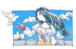  1girl bird black_choker black_hair blue_sky bodysuit border breasts brown_eyes brown_gloves choker cleavage crystal dove final_fantasy final_fantasy_ix garnet_til_alexandros_xvii gloves hair_tie jewelry juliet_sleeves long_hair long_sleeves low-tied_long_hair medium_breasts michibata_65 orange_bodysuit parted_bangs pendant puffy_long_sleeves puffy_sleeves shirt sky solo underbust upper_body white_border white_shirt 