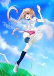  bad_id bad_pixiv_id ball blonde_hair buruma cloud day grass gym_uniform highres kujou_ichiso original playing_sports sky soccer soccer_ball solo sport twintails white_soccer_ball 