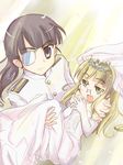  artist_request bridal_veil bride carrying dress elbow_gloves eyepatch glasses gloves multiple_girls perrine_h_clostermann princess_carry sakamoto_mio strike_witches tiara veil wedding wedding_dress wife_and_wife world_witches_series yuri 