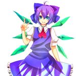  ahoge alternate_wings bad_id bad_pixiv_id blue_dress blue_eyes blue_hair bow cirno dress gradient_hair hair_bow large_bow multicolored_hair no_nose purple_hair simple_background smile solo touhou v wings yutazou 