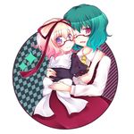  ;) aqua_hair ascot bad_id bad_pixiv_id bespectacled blonde_hair circle glasses hug kazami_yuuka looking_back medicine_melancholy multiple_girls one_eye_closed plaid plaid_skirt plaid_vest purple_eyes red_eyes ribbon shiguri short_hair skirt skirt_set smile touhou vest white_background 