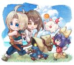  2boys 2girls ahoge aqua_ribbon aqua_vest arestear0701 artist_name bare_shoulders belt black_mage_(final_fantasy) blonde_hair blue_coat blue_eyes blue_hair blue_pants blush bob_cut bodysuit boots bow breasts brown_belt brown_eyes brown_hair cloud cloudy_sky coat creature cropped_vest eiko_carol final_fantasy final_fantasy_ix full_body garnet_til_alexandros_xvii glowing glowing_eyes grass green_eyes grin hair_bow hair_ribbon hat highres holding holding_staff horns juliet_sleeves long_sleeves low_ponytail mage_staff medium_breasts mini_wings monkey_tail moogle multiple_boys multiple_girls open_mouth orange_bodysuit outdoors pants parted_bangs parted_lips pink_bodysuit puffy_long_sleeves puffy_sleeves red_shirt ribbon shirt short_hair single_horn sky sleeveless sleeveless_shirt smile staff swept_bangs tail teeth vest vivi_ornitier white_shirt wings wizard_hat wrist_cuffs yellow_bow yellow_eyes yellow_overalls zidane_tribal 