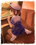  brown_eyes brown_hair clannad hat mutsuki_(moonknives) okazaki_ushio school_uniform short_hair solo train_interior 