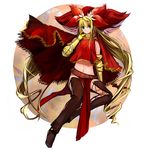  akatsuhara_empire blonde_hair chaps full_body gauntlets green_eyes hair_ornament highres long_hair midriff pixiv_fantasia pixiv_fantasia_3 pupps smile solo very_long_hair 