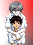  artist_request blue_eyes brown_hair embarrassed hug hug_from_behind ikari_shinji male_focus multiple_boys nagisa_kaworu neon_genesis_evangelion pale_skin red_eyes school_uniform shirt silver_hair sitting smile yaoi 