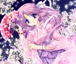  blush cherry_blossoms eyes fan hair_ribbon japanese_clothes kimono long_hair original pink_hair ribbon ryuuga_shou solo 