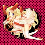  bat_wings blonde_hair blue_eyes bow detached_sleeves disgaea flat_chest flonne flonne_(fallen_angel) kannari_okuno leotard long_hair pointy_ears red_leotard solo tail tail_bow thighhighs wings 