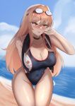  beach black_choker blush breasts choker cleavage competition_swimsuit covered_navel goddess_of_victory:_nikke highres large_breasts long_hair looking_to_the_side navel ocean one-piece_swimsuit rapi_(classic_vacation)_(nikke) rapi_(nikke) red_eyes sand swimsuit thighs wet wet_clothes wet_swimsuit wide_hips zet_(twt_zet) 