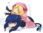  beret blonde_hair blue_hair cat_tail chibi dress eating elbow_gloves fang frederica_bernkastel gloves hat lambdadelta long_hair lying multiple_girls pink_dress pink_hat purple_eyes ribbon shirokura tail translated umineko_no_naku_koro_ni 