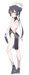  1girl absurdres ass back back_cutout bare_arms bare_back bare_shoulders black_dress black_footwear black_gloves black_hair blue_archive blush china_dress chinese_clothes closed_mouth clothing_cutout commentary_request dress from_behind full_body gloves grey_eyes hair_bun hair_ornament halo heel_up high_heels highres holding_own_wrist kisaki_(blue_archive) korean_commentary long_hair looking_at_viewer looking_back pelvic_curtain print_dress s10021 short_dress side_slit simple_background sleeveless sleeveless_dress smile solo standing white_background yellow_halo 