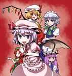  :&lt; :/ blonde_hair blue_eyes bow braid fang fighting_stance flandre_scarlet hair_bow hat head_wings hitsuji_bako hong_meiling izayoi_sakuya koakuma lavender_hair long_hair maid maid_headdress multiple_girls o_o one_side_up open_mouth patchouli_knowledge pointing purple_hair red_eyes red_hair remilia_scarlet short_hair silver_hair smile touhou tsurime twin_braids wings wrist_cuffs 