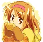  brown_hair eating enosawa_kou food kanon mittens red_eyes short_hair sketch solo taiyaki tsukimiya_ayu wagashi 