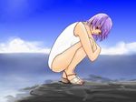  ayane_(doa) cloud day dead_or_alive hybrid_cat ocean one-piece_swimsuit outdoors purple_hair red_eyes sandals short_hair sky swimsuit white_swimsuit 