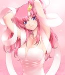  adjusting_hair armpits arms_behind_head arms_up bangs bare_shoulders blue_eyes breasts cleavage gundam gundam_seed hair_ornament hairclip hairu head_tilt lacus_clyne large_breasts long_hair looking_at_viewer no_bra no_nipples parted_bangs pink_hair ribbon see-through smile solo sparkle upper_body 