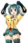  ahoge arms_up green_eyes green_hair koutetsu_jeeg koutetsu_jeeg_(mecha) open_mouth parody short_hair simple_background solo thighhighs to_heart_2 white_background yoshioka_chie yuuki_shin'ichi 