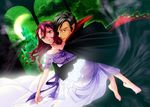  1girl barefoot black_hair cape carrying crescent_moon dress dutch_angle eyepatch fangs father_and_daughter feet flower fog halloween kirijou_mitsuru kirijou_takeharu koremi2 moon night persona persona_3 red_hair rose vampire 