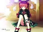  animal_ears braid cat_ears expressionless floating_skull kaenbyou_rin korean leg_ribbon red_eyes red_hair renee ribbon sitting solo touhou translated twin_braids wall wallpaper 