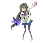  &gt;_&lt; bow clannad closed_eyes commentary hair_bow hikarizaka_private_high_school_uniform ibuki_fuuko kanikama long_hair pantyhose pointing school_uniform solo 