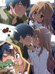  1girl aisaka_taiga blush brown_hair commentary_request dragon food hetero highres kiss koku long_hair palmtop_tiger petite pocky pocky_kiss shared_food takasu_ryuuji tiger toradora! 