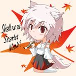  animal_ears calligraphy_brush chibi detached_sleeves engrish highres inubashiri_momiji leaf paintbrush ranguage red_eyes short_hair silver_hair solo syachi tail touhou white_hair wolf_ears wolf_tail 