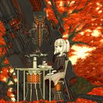  absurdres asgr autumn bad_id bad_pixiv_id book cup highres original red_eyes robot skirt solo tea teacup tree 