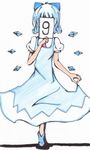  1girl blue_hair cirno covering covering_face curtsey dress hair_ribbon notebook ribbon short_hair solo touhou traditional_media 