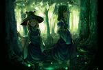  blonde_hair detached_sleeves expressionless forest glowing green_hair hat kochiya_sanae moriya_suwako multiple_girls nature relax_(artist) skirt_hold standing touhou wading water wide_sleeves 