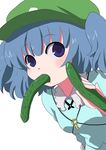  bad_id bad_pixiv_id blue_eyes blue_hair cucumber face hat ica kawashiro_nitori key mouth_hold sexually_suggestive short_hair solo touhou two_side_up 
