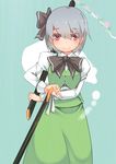  blush bow hair_bow hitodama johnny_funamushi konpaku_youmu konpaku_youmu_(ghost) long_sleeves puffy_sleeves red_eyes short_hair silver_hair smile solo sword touhou weapon 