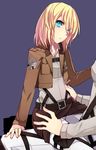  blonde_hair blue_eyes blush christa_renz emblem hinagi_(fox_priest) jacket looking_at_viewer multiple_girls paradis_military_uniform shingeki_no_kyojin short_hair sitting sitting_on_person training_corps_(emblem) uniform ymir_(shingeki_no_kyojin) yuri 