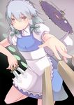  apron blush braid izayoi_sakuya johnny_funamushi knife maid maid_headdress puffy_sleeves red_eyes short_hair short_sleeves silver_hair solo throwing touhou twin_braids weapon 